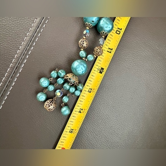 Vintage Necklace AB Crystals Faux Blue Pearls & Gold Beads With Tassel End 5389 - Picture 10 of 11